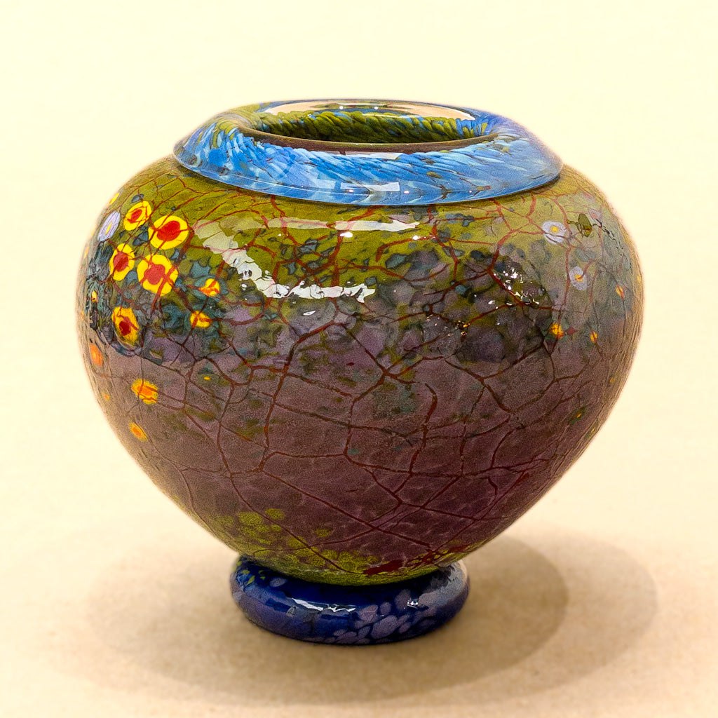 Footed Murrini Vase with Folded Lip | 5" x 5" x 5" Murrini Patterned Blown Glass Darren Petersen