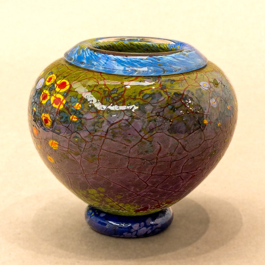 Footed Murrini Vase with Folded Lip | 5" x 5" x 5" Murrini Patterned Blown Glass Darren Petersen
