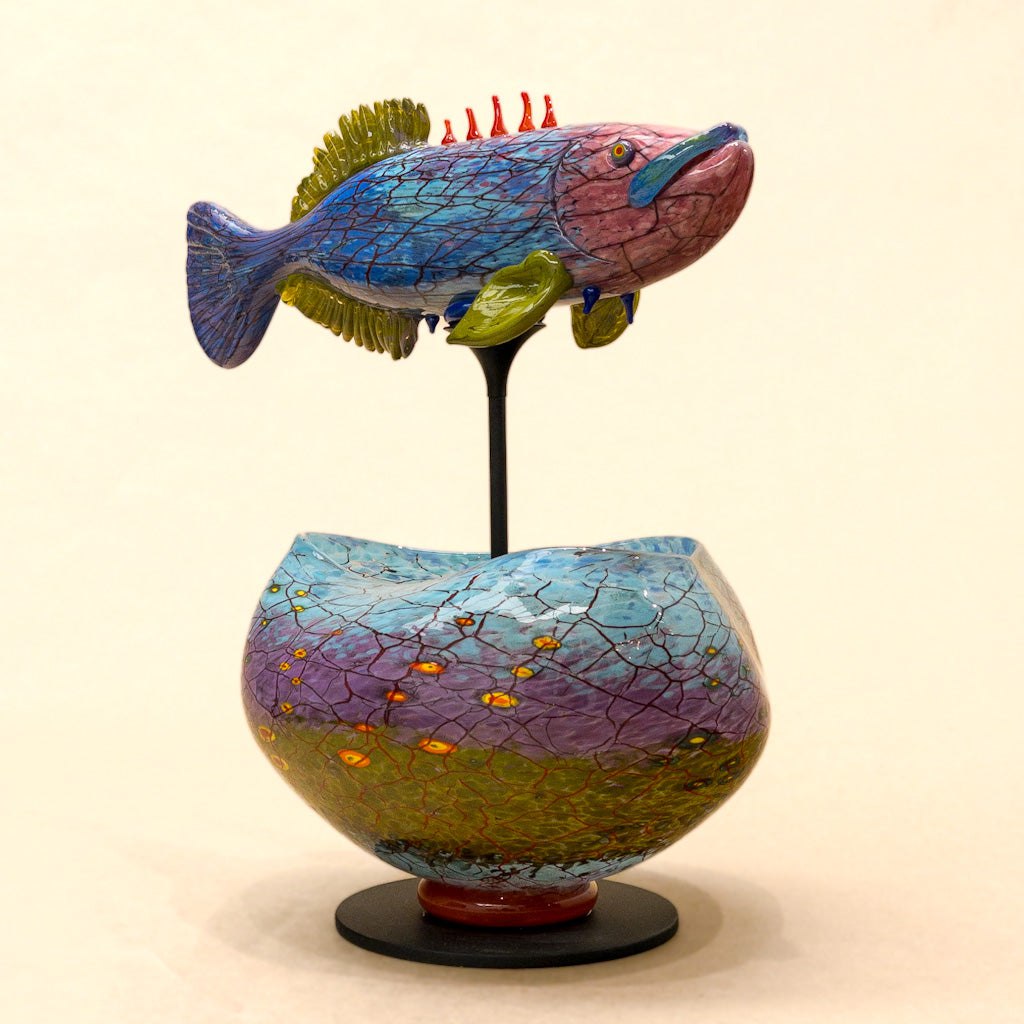 Darren Petersen Stickleback Fish Bowl | 12" x 12" x 8" Blown Glass with Forged Metal