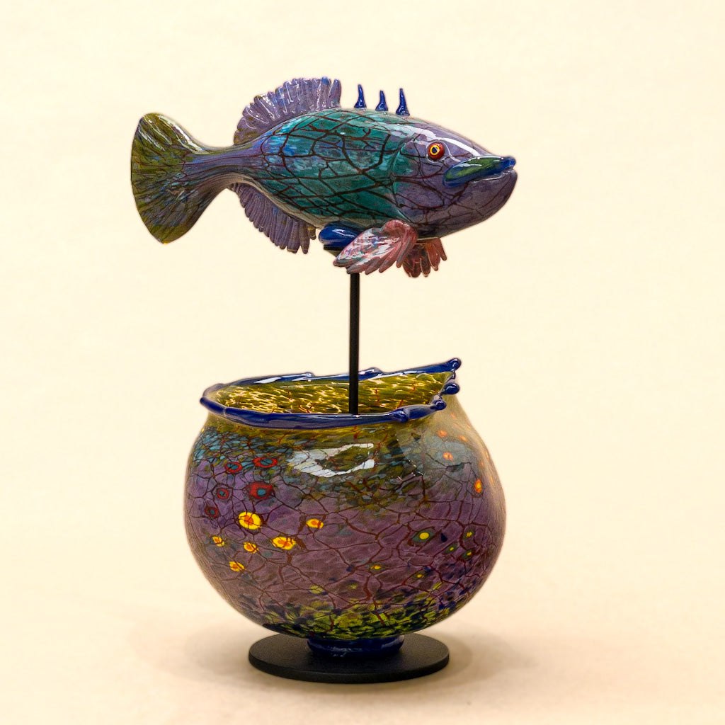 Stickleback Fish Bowl II | 11.5 x 10&quot; x 6&quot; Blown Glass with Forged Metal Darren Petersen