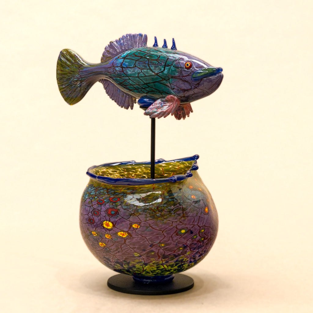 Stickleback Fish Bowl II | 11.5 x 10" x 6" Blown Glass with Forged Metal Darren Petersen