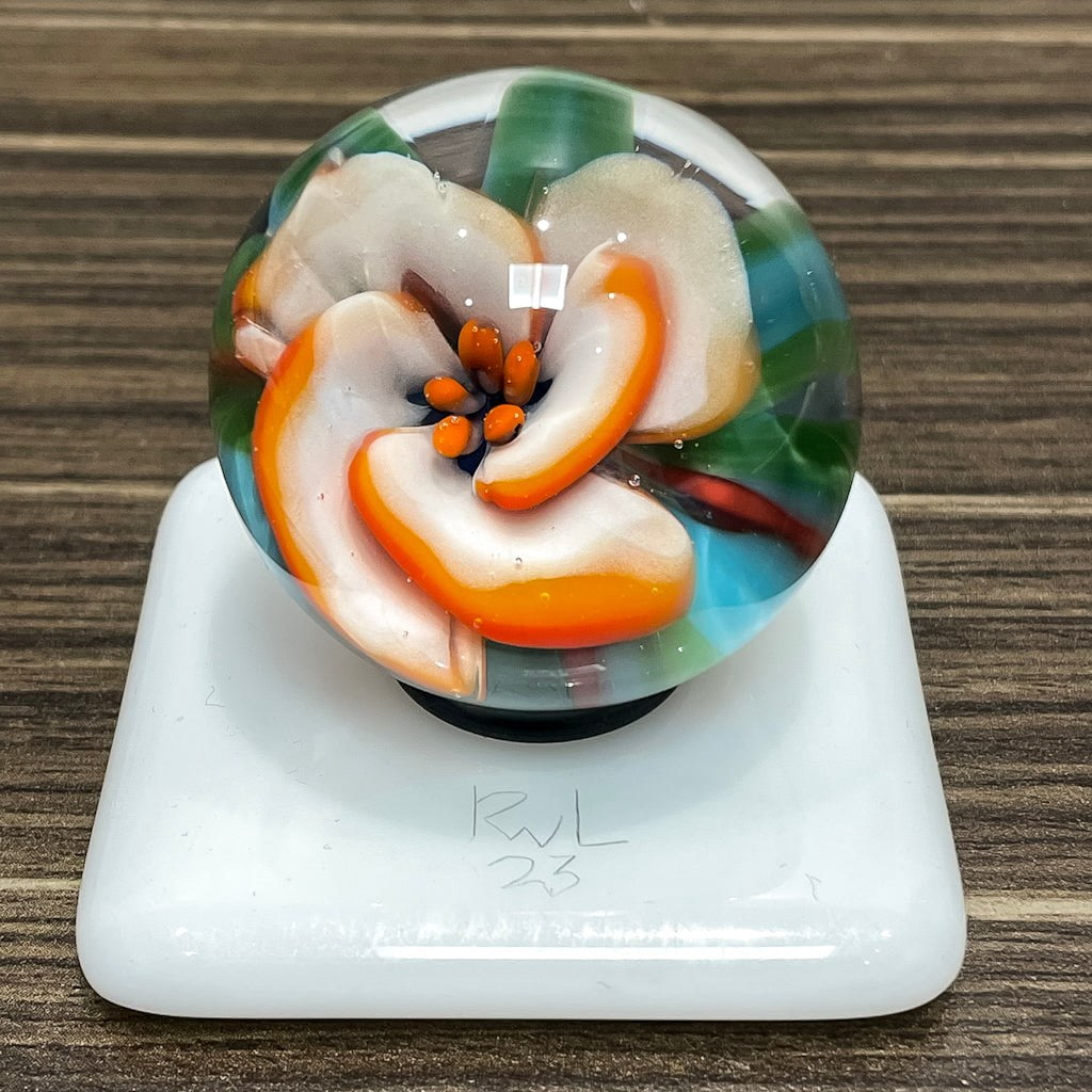 Floral Marble - Orange/White/Yellow/Green Lamp-worked Glass Marble Bob Leatherbarrow