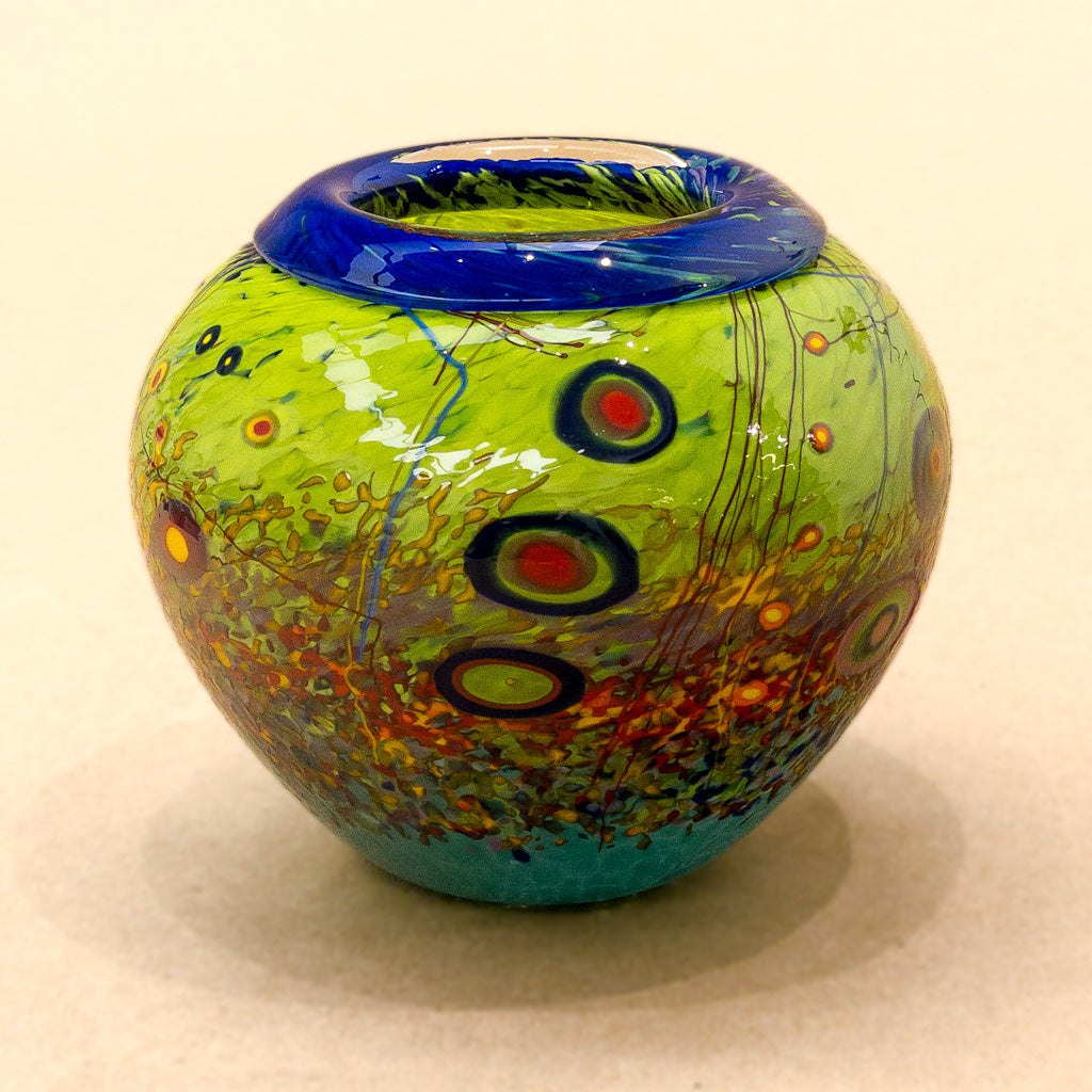 Murrini Vase with Folded Lip | 5" x 5" x 5" Murrini Patterned Blown Glass Darren Petersen