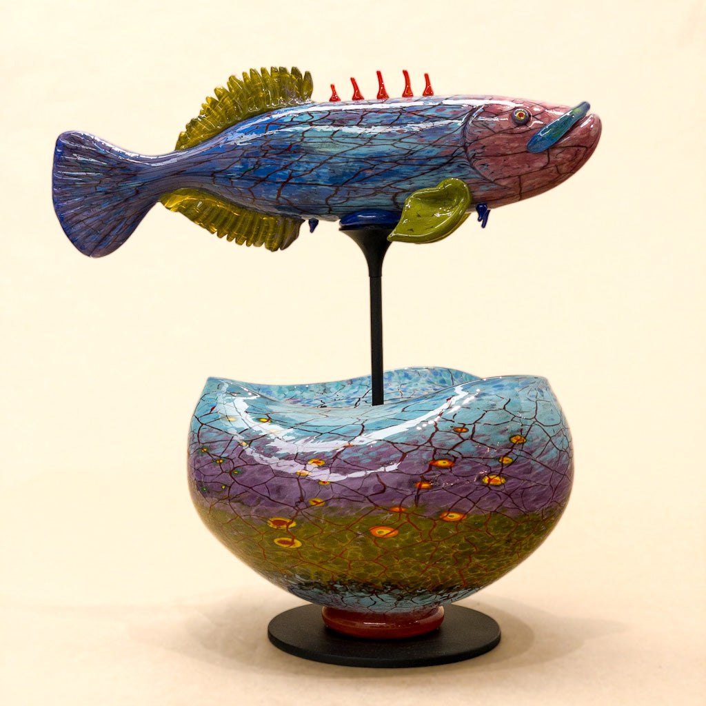 Stickleback Fish Bowl | 12" x 12" x 8" Blown Glass with Forged Metal Darren Petersen