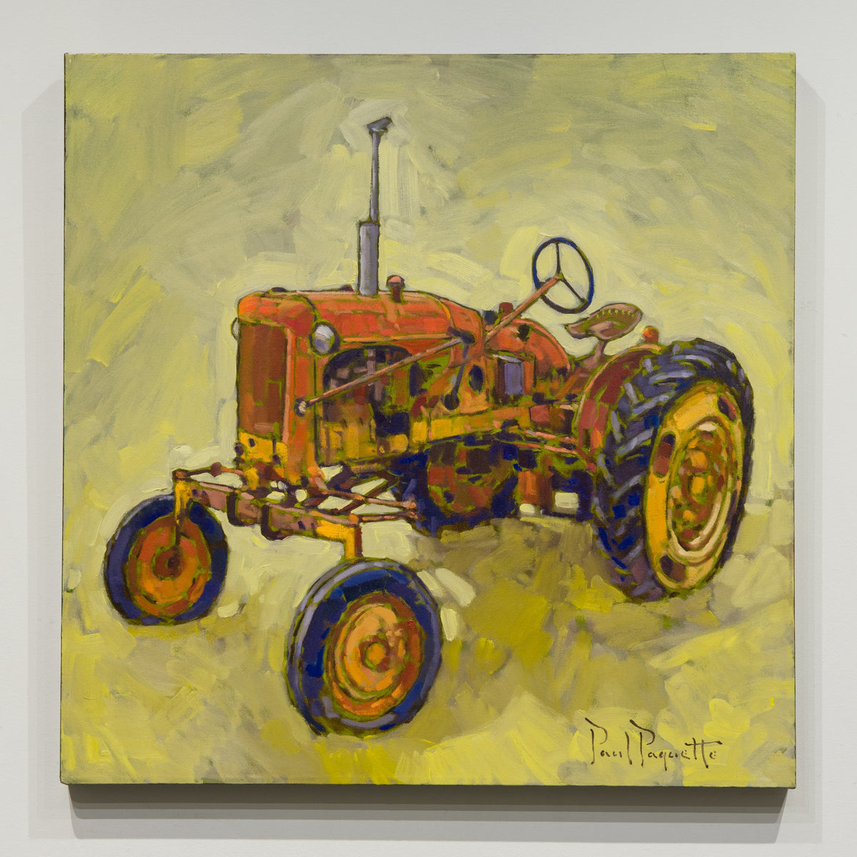 The Old Red Tractor by Paul Paquette, 30 × 30 inch oil on canvas showing a red-orange tractor against a yellow-green ground.