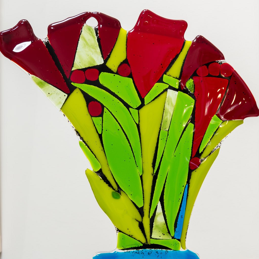 Red Tulips Bouquet | 20" x 8" Hand fused glass with metal stand Tammy Hudgeon