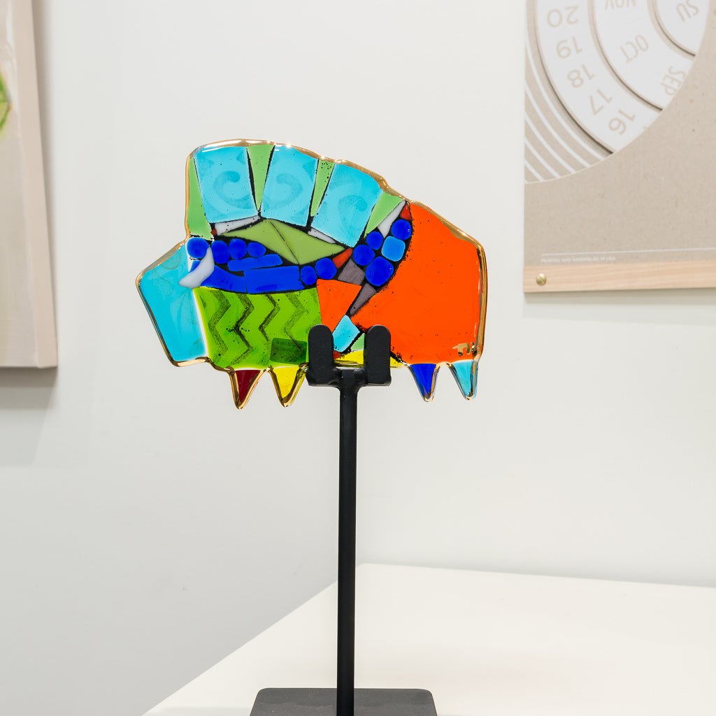 Tammy Hudgeon "Clive" Buffalo | 13" x 7.5" Hand fused glass with metal stand