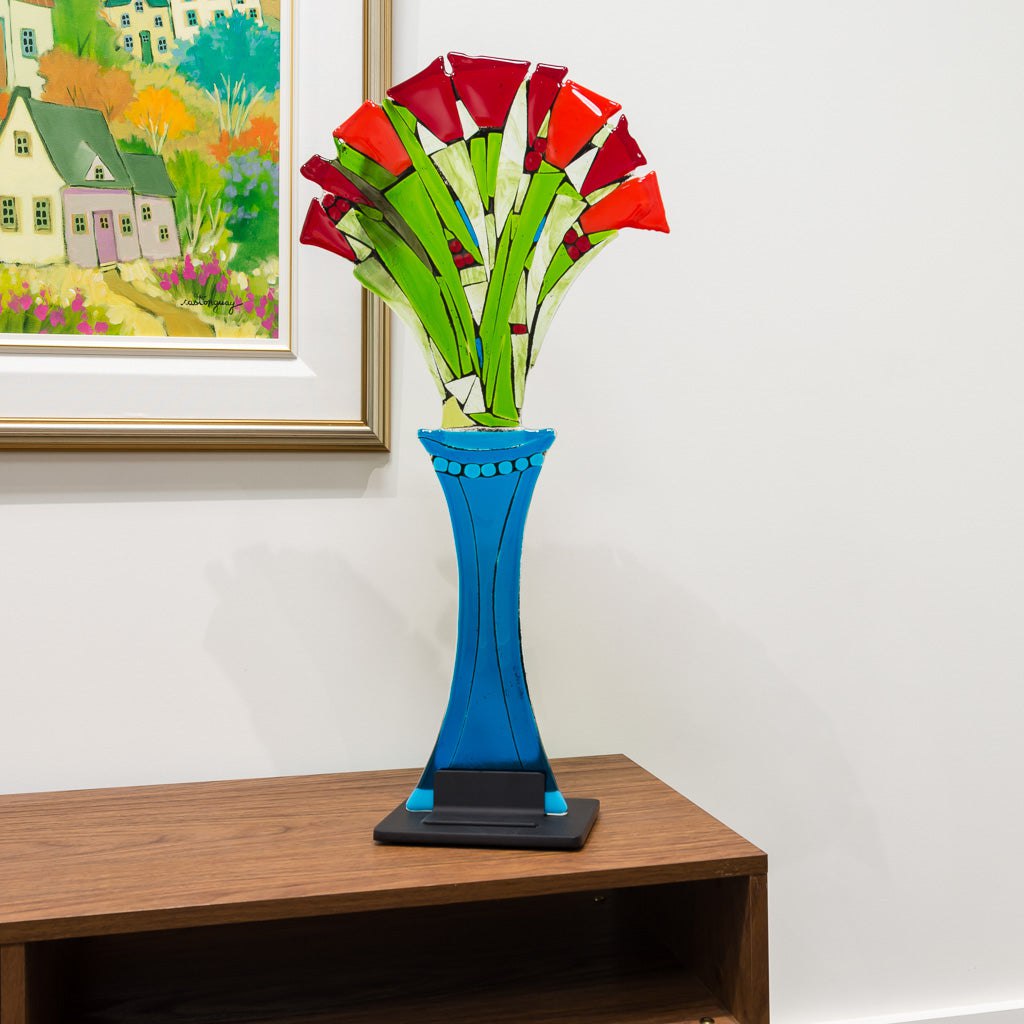 Tammy Hudgeon Red Tulips Bouquet (large) | 27" x 13.5" Hand fused glass with metal stand