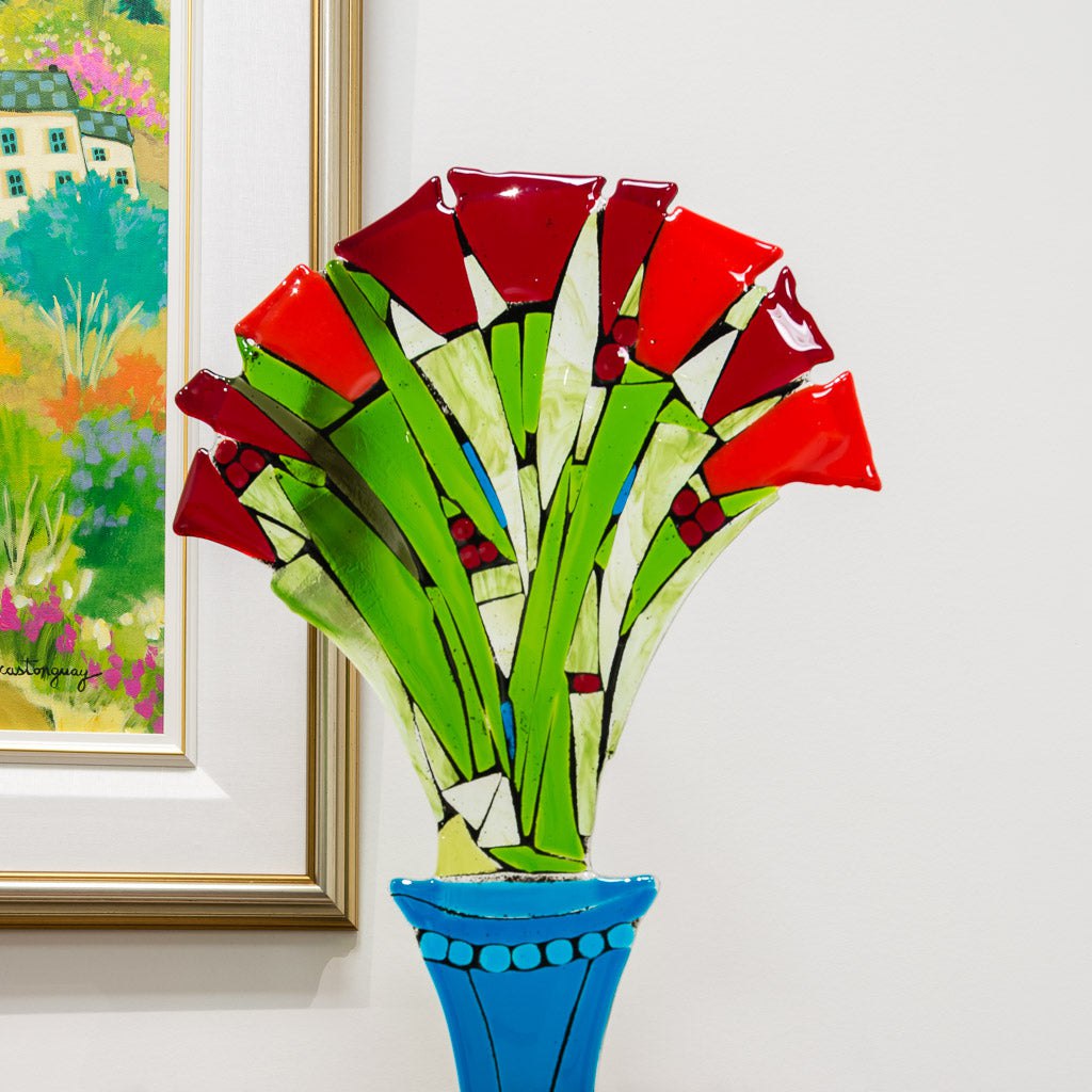 Red Tulips Bouquet (large) | 27" x 13.5" Hand fused glass with metal stand Tammy Hudgeon