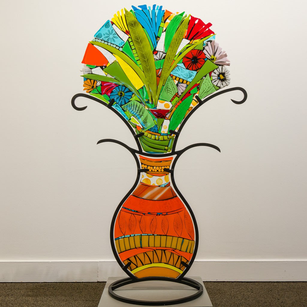 Orange Bouquet &quot;Joyful Appreciation&quot; | 46&quot; x 28&quot; x 15&quot; Hand fused glass with metal stand Tammy Hudgeon