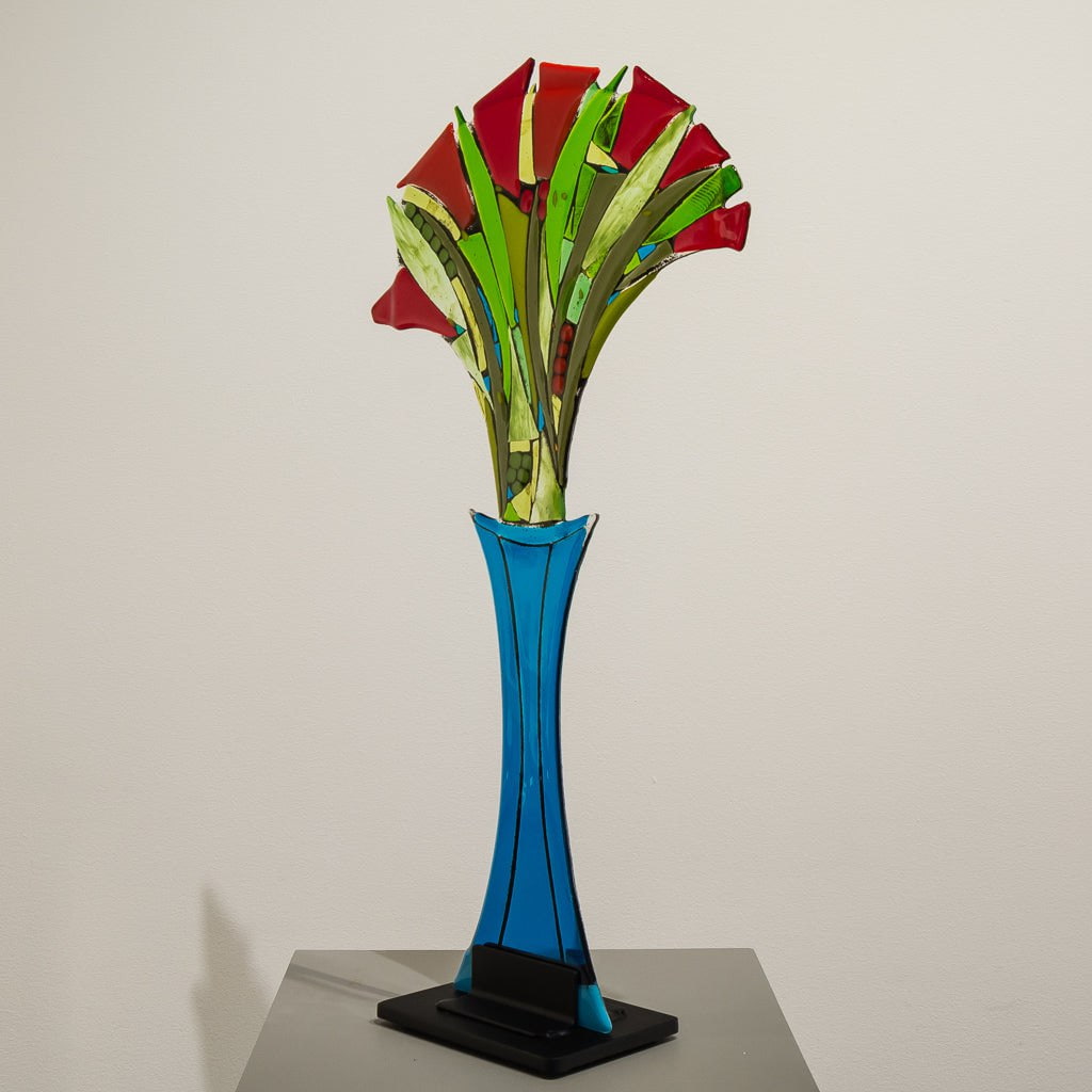 Large Red Tulip Bouquet | 27" x 15" x 5" Hand fused glass with metal stand Tammy Hudgeon