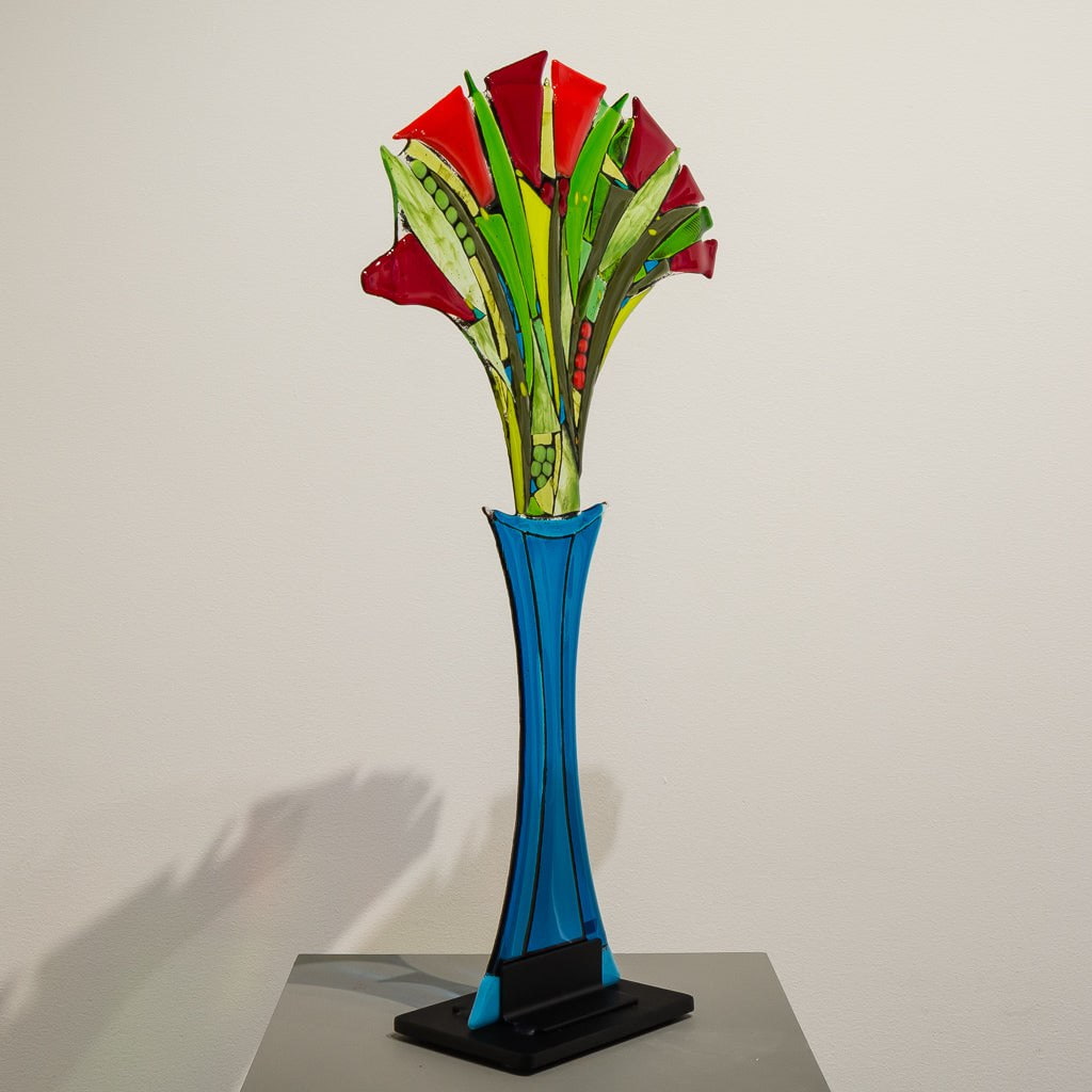 Large Red Tulip Bouquet | 27" x 15" x 5" Hand fused glass with metal stand Tammy Hudgeon