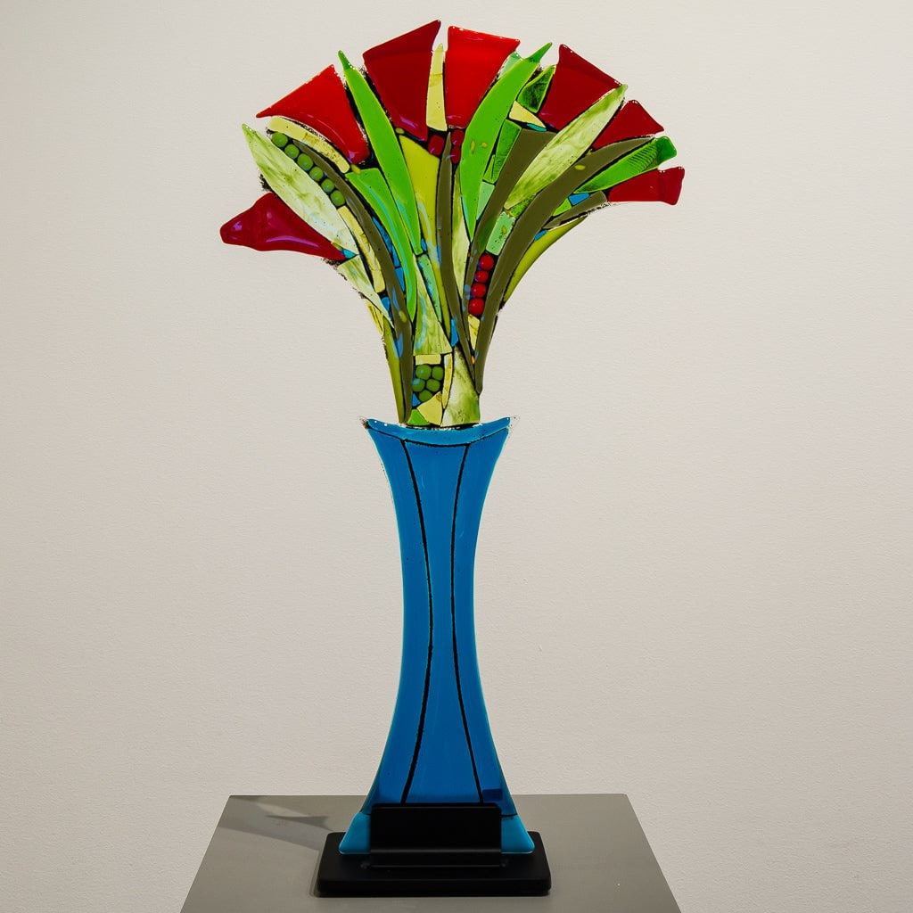 Large Red Tulip Bouquet | 27" x 15" x 5" Hand fused glass with metal stand Tammy Hudgeon