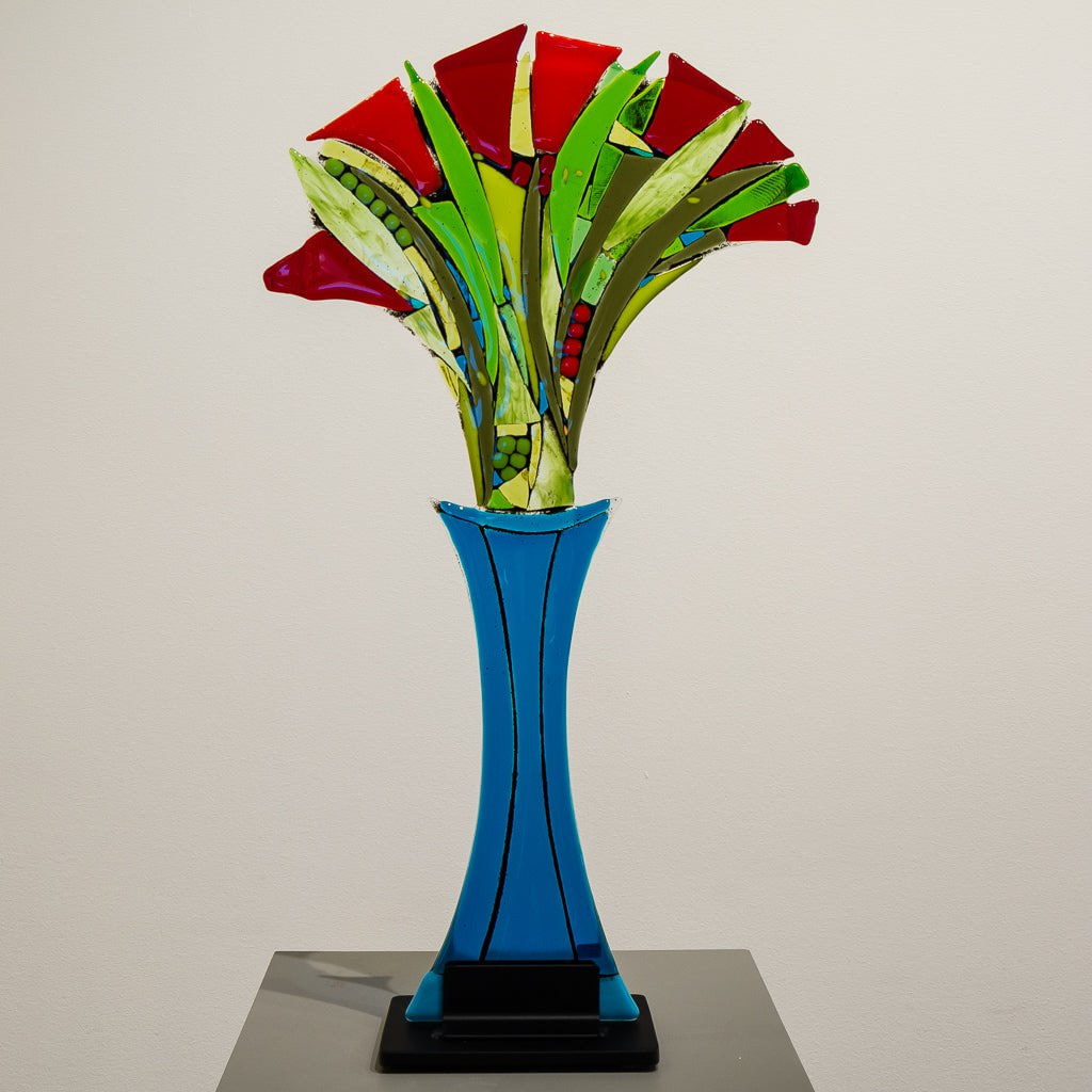 Tammy Hudgeon Large Red Tulip Bouquet | 27" x 15" x 5" Hand fused glass with metal stand
