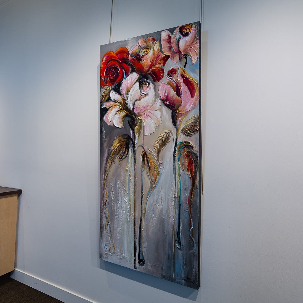 Butterfly Roses | 66" x 31" Mixed Media on canvas Elka Nowicka