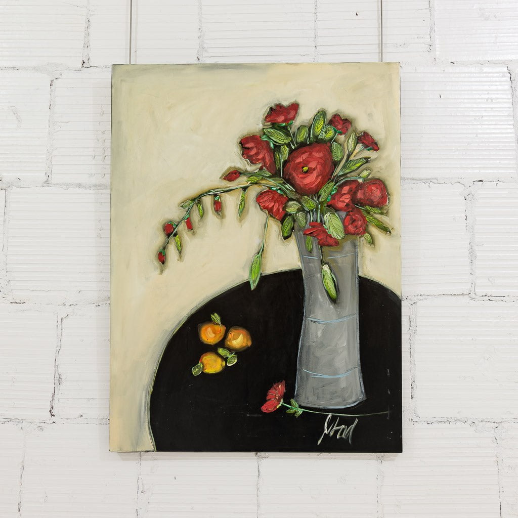 Fleurs Rouge et Table Noir | 40" x 30" Acrylic on Canvas Josée Lord