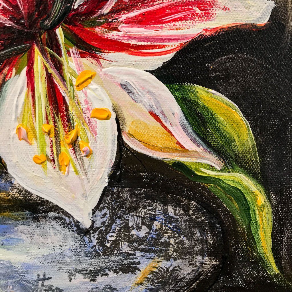 Butterfly Amaryllis in Vintage Vase | 12" x 12" Mixed Media on canvas Elka Nowicka