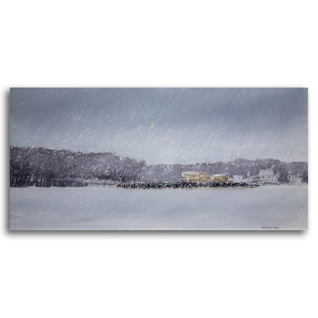 Even if it's snowing, the cattle must be fed | 12" x 24" Oil on Canvas Peter Shostak