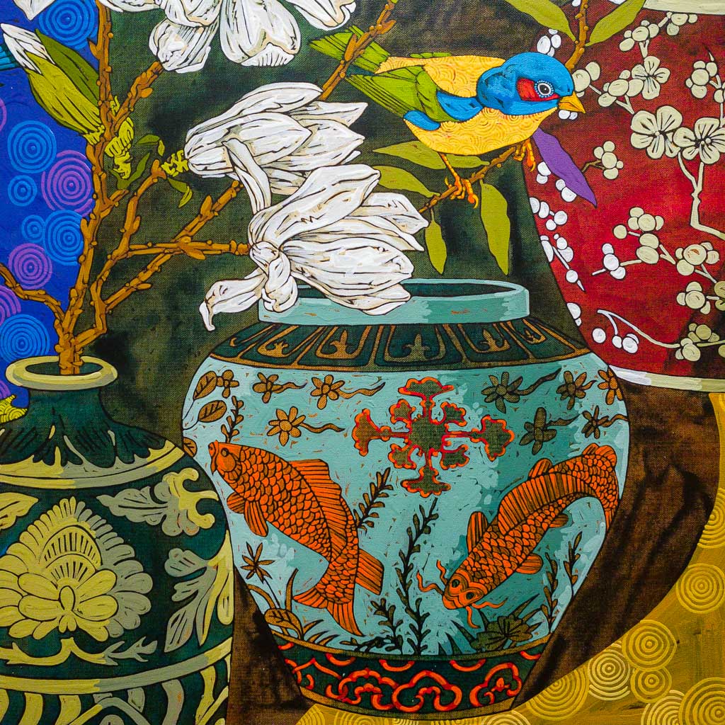 Exotic Still Life with My Favourite Birds I  |  31.5" x 47.5" Acrylic on Canvas Grant Leier