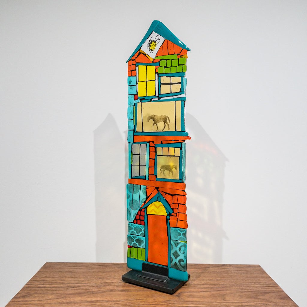 Tammy Hudgeon Turquoise Horse House | 25" x 7" Hand fused glass with metal stand