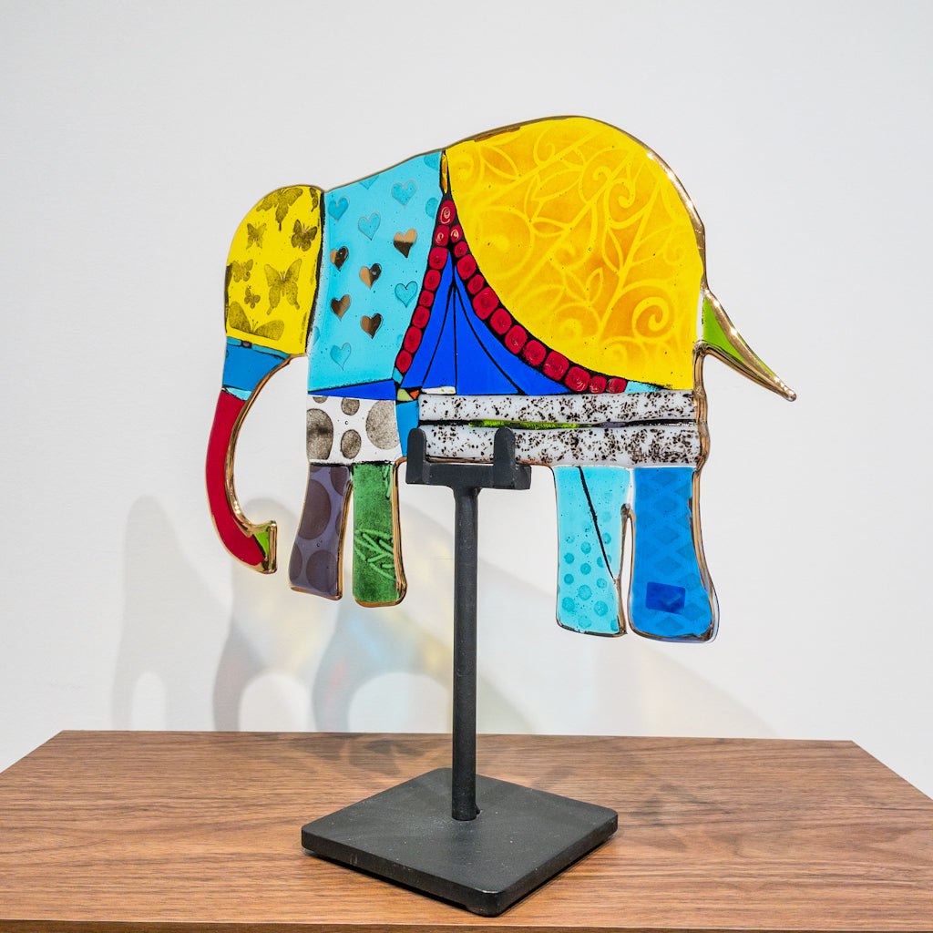 Tammy Hudgeon Ella Elephant | 15" x 15" Hand fused glass with metal stand