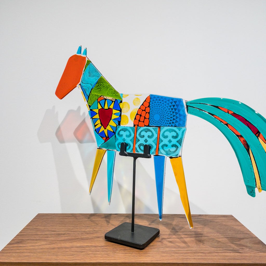 Lucinda Folk Horse | 19" x 22" Hand fused glass with metal stand Tammy Hudgeon