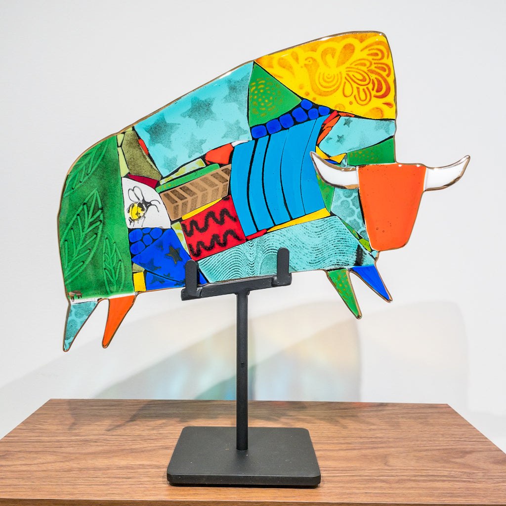 Malcolm Flying Buffalo Large | 18" x 18" Hand fused glass with metal stand Tammy Hudgeon