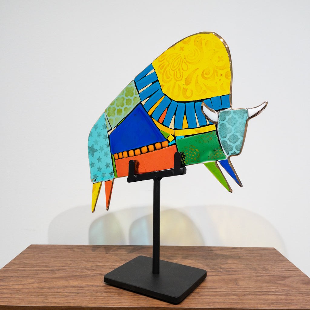 Carol Flying Buffalo Medium | 17" x 14" Hand fused glass with metal stand Tammy Hudgeon