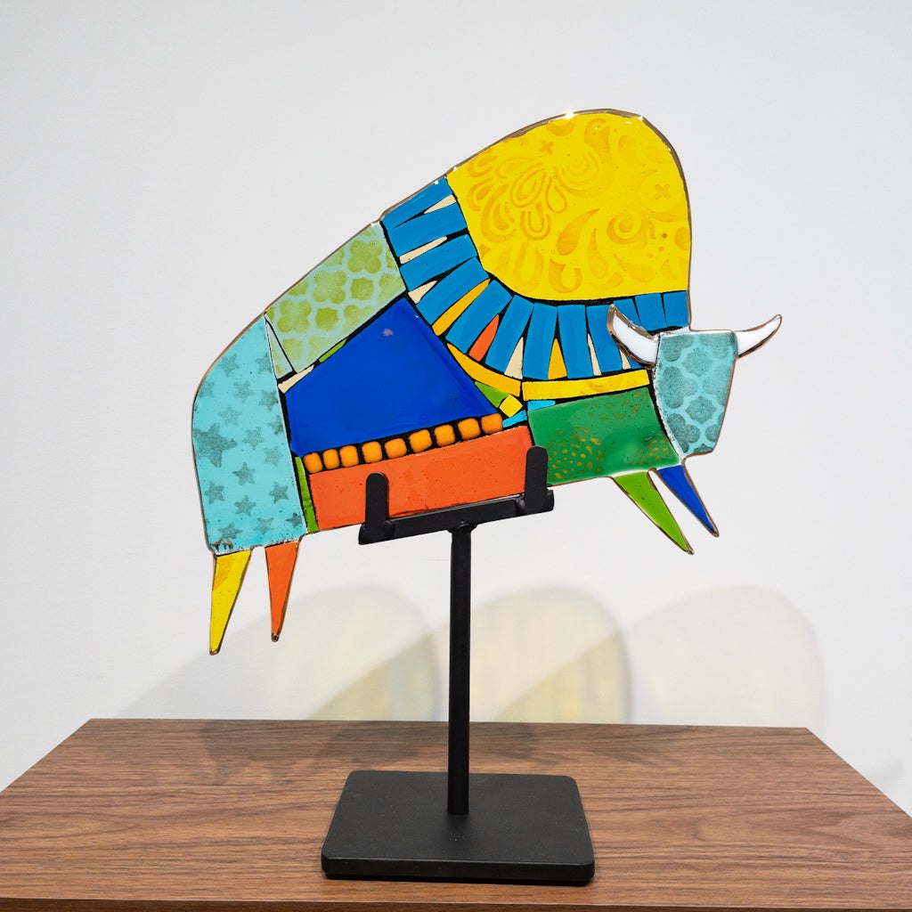 Carol Flying Buffalo Medium | 17" x 14" Hand fused glass with metal stand Tammy Hudgeon