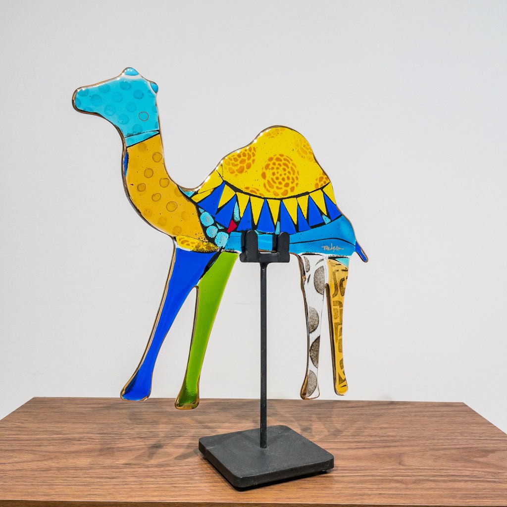 Tammy Hudgeon Camille Camel | 13" x 12" Hand fused glass with metal stand