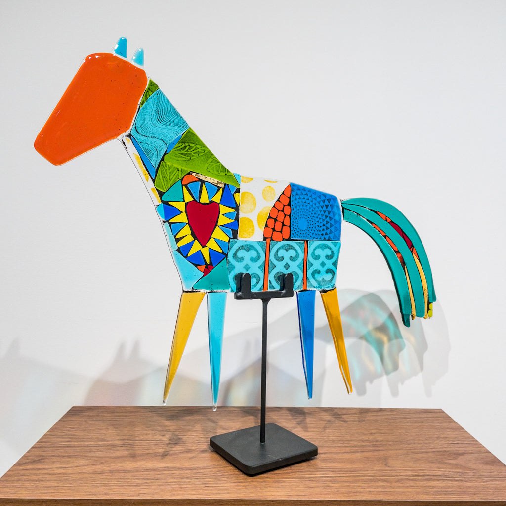 Lucinda Folk Horse | 19&quot; x 22&quot; Hand fused glass with metal stand Tammy Hudgeon