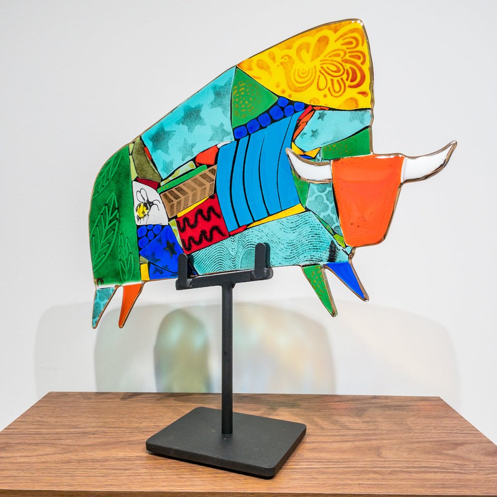 Malcolm Flying Buffalo Large | 18" x 18" Hand fused glass with metal stand Tammy Hudgeon
