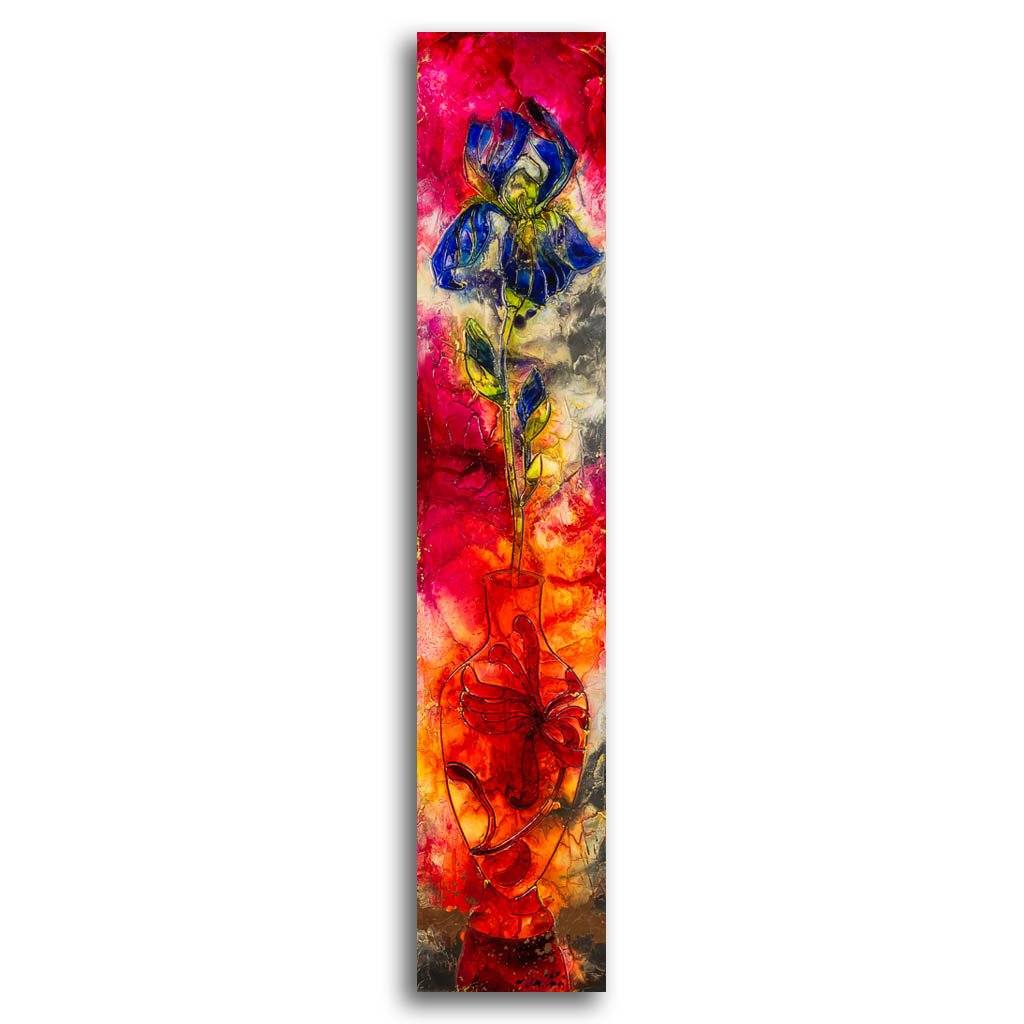Joanne Gauthier Iris in a glass vase | 48" x 10" Mixed Media on canvas