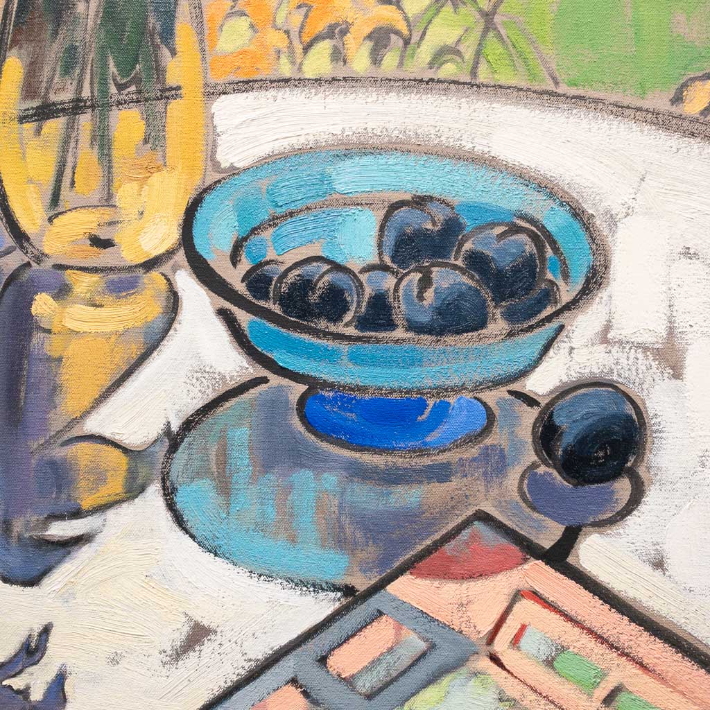 Prunes Bleues et Monardes Rouges | 36" x 28" Oil on Canvas Jeannette Perreault