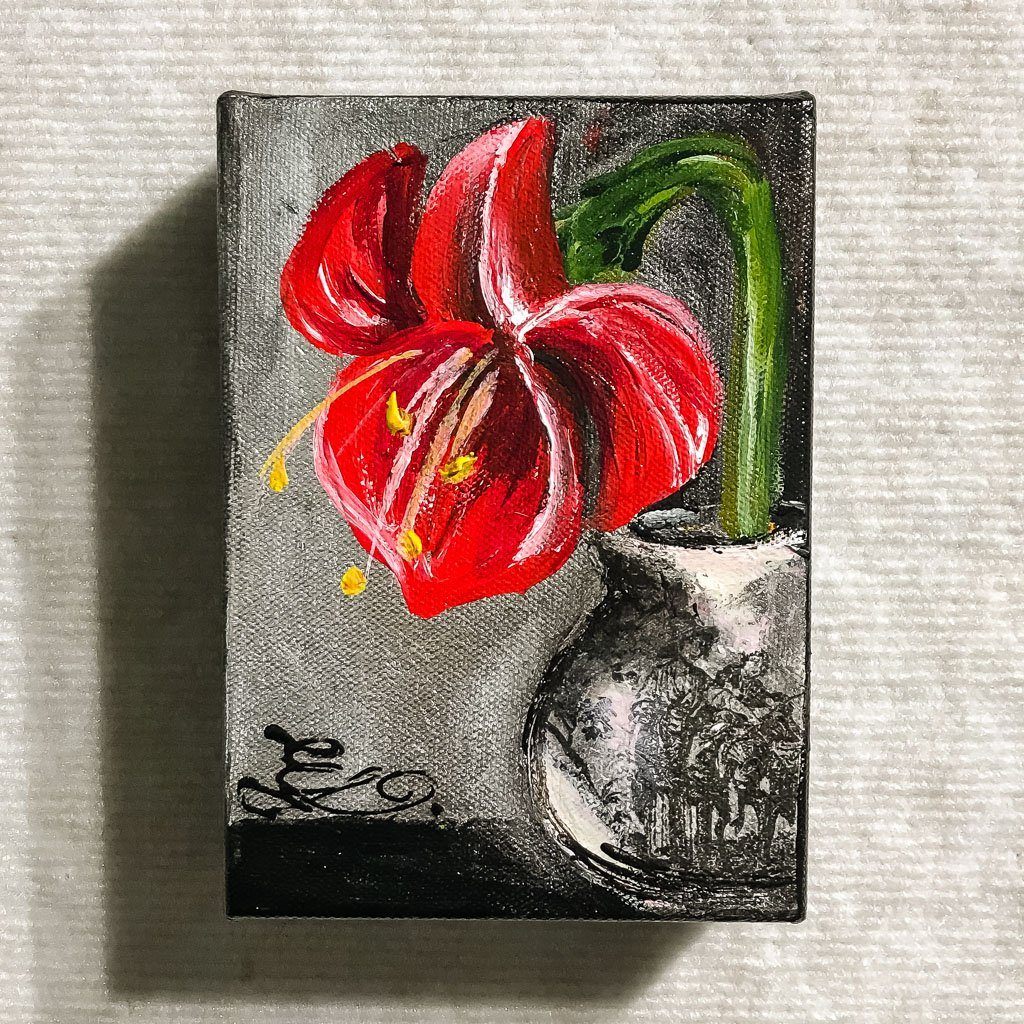 Elka Nowicka Red Amaryllis Small | 7&quot; x 5&quot; Acrylic on Canvas