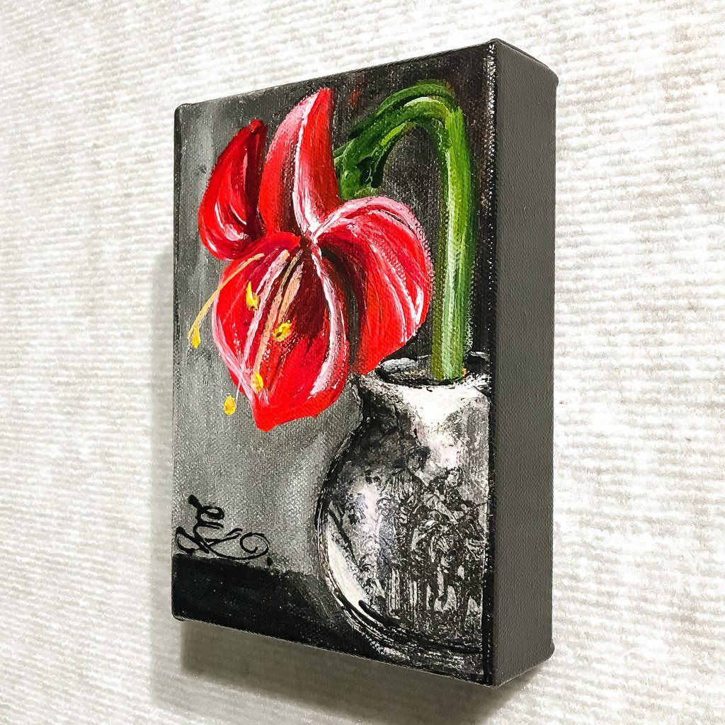 Elka Nowicka Red Amaryllis Small | 7" x 5" Acrylic on Canvas