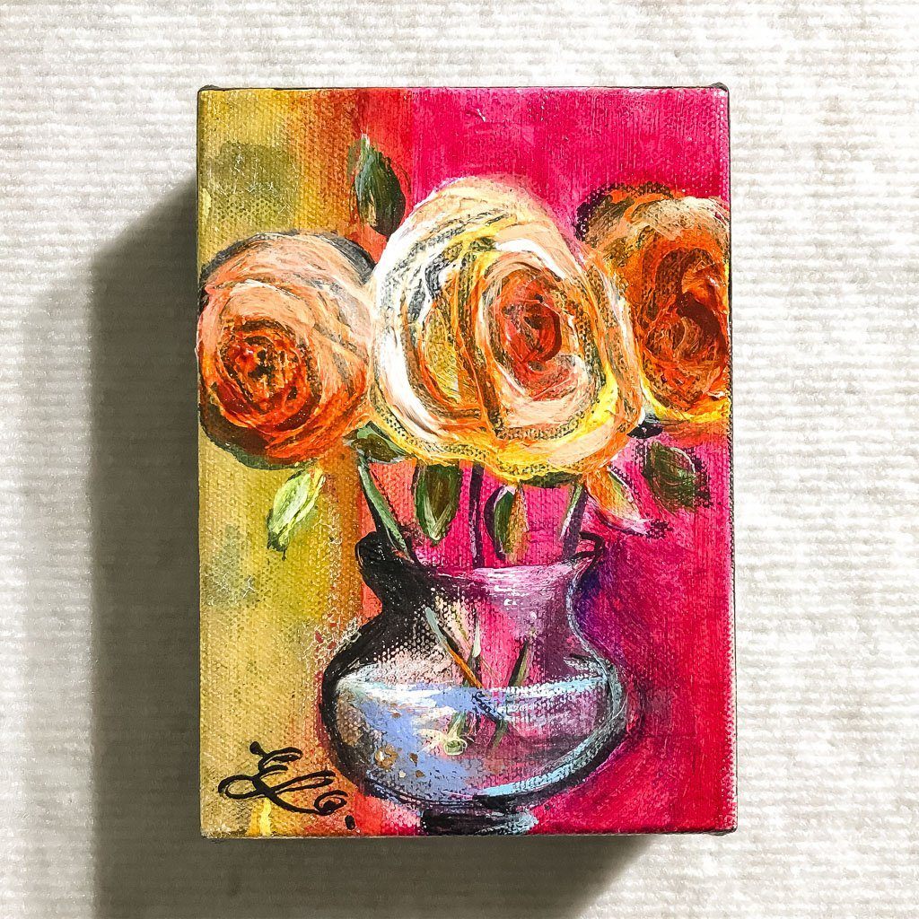 Elka Nowicka Red and Pink Roses | 3" x 6" Acrylic on Canvas