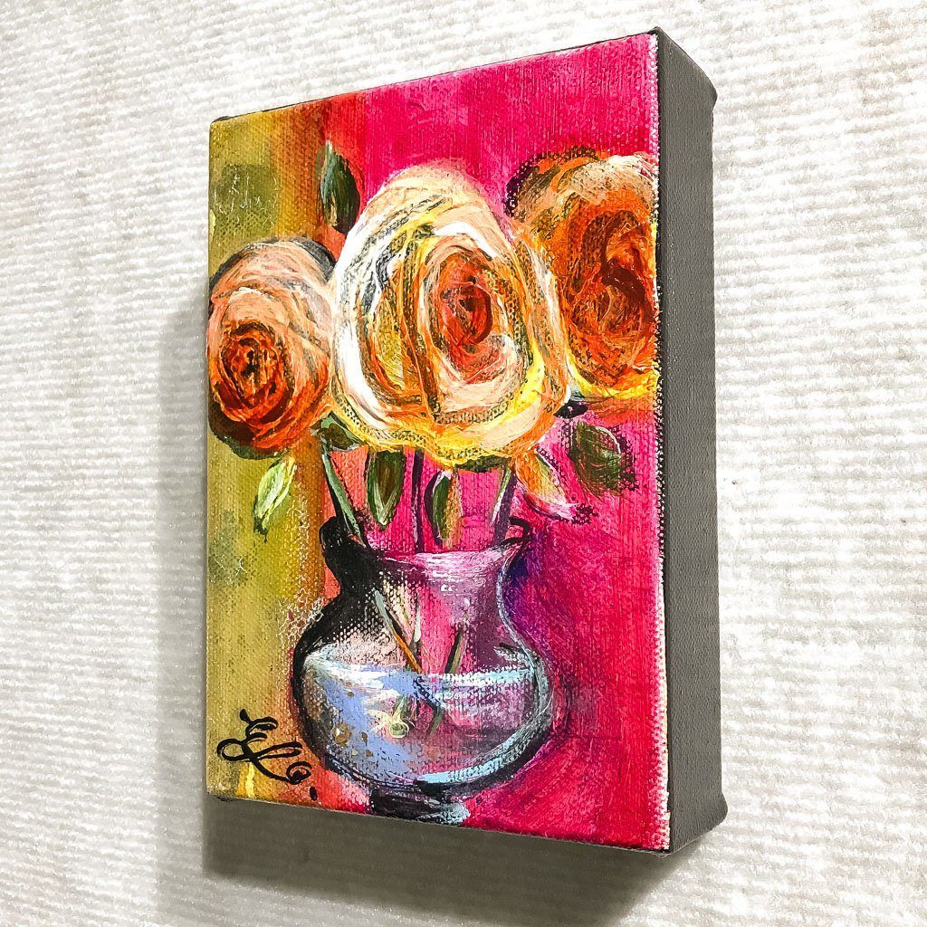 Red and Pink Roses | 7" x 5" Acrylic on Canvas Elka Nowicka