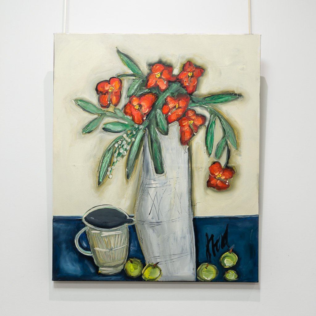 Josée Lord Scarlet Flowers and Mug | 36" x 30" Acrylic on Canvas