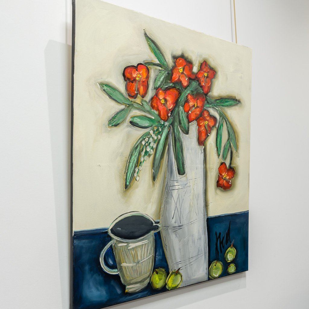 Scarlet Flowers and Mug | 36" x 30" Acrylic on Canvas Josée Lord