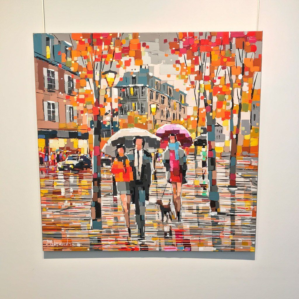 Aleksandra Savina Sharing Umbrellas | 36&quot; x 36&quot; Acrylic on Canvas