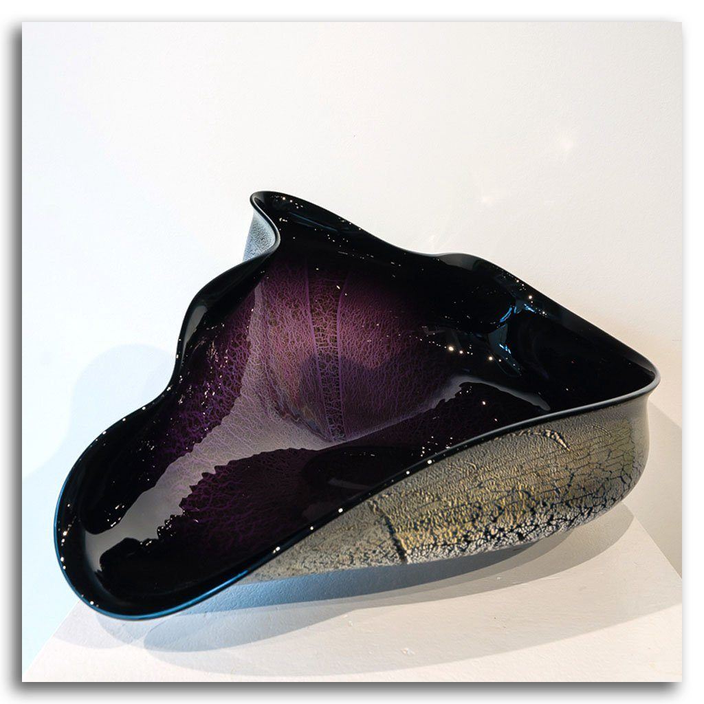Signature Series Bowl - Violet and Black | 20&quot; x 9.5&quot; Blown and Foiled Glass David Thai