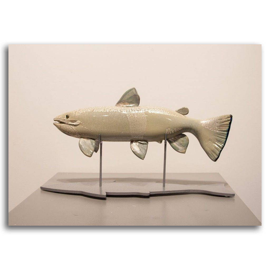 Darren Petersen Silver Salmon with Shadow Base | 10" x 18" Blown Glass with Forged Metal