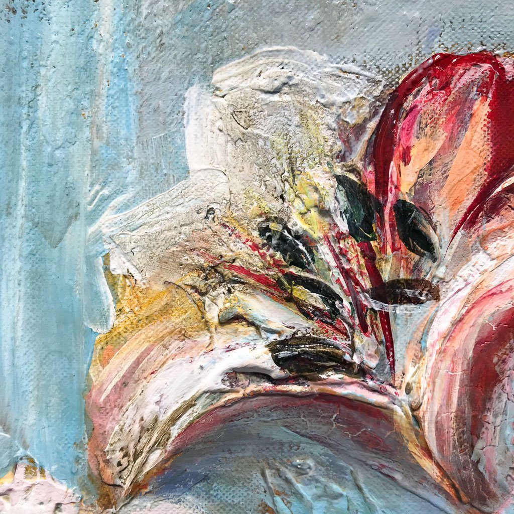 Spring Bouquet on Blue Wall | 36" x 24" Mixed Media on canvas Elka Nowicka