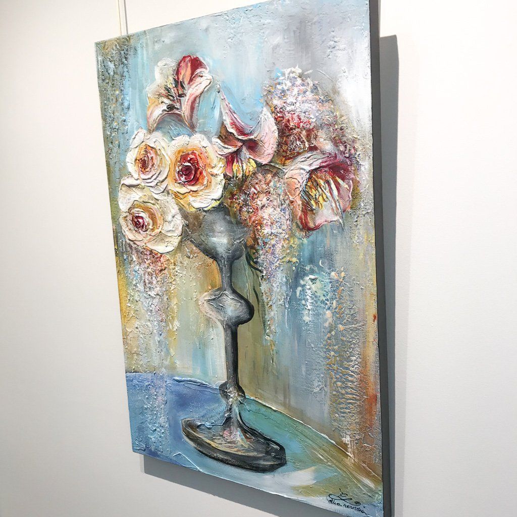 Spring Bouquet on Blue Wall | 36" x 24" Mixed Media on canvas Elka Nowicka