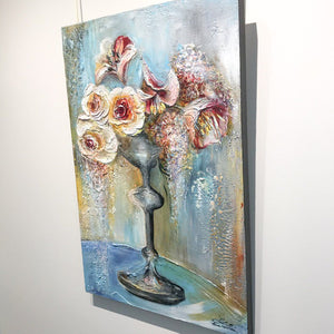 Elka Nowicka Spring Bouquet on Blue Wall | 36" x 24" Mixed Media on canvas