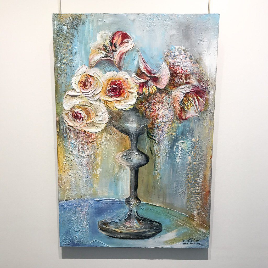 Spring Bouquet on Blue Wall | 36&quot; x 24&quot; Mixed Media on canvas Elka Nowicka