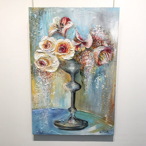 Elka Nowicka Spring Bouquet on Blue Wall | 36" x 24" Mixed Media on canvas