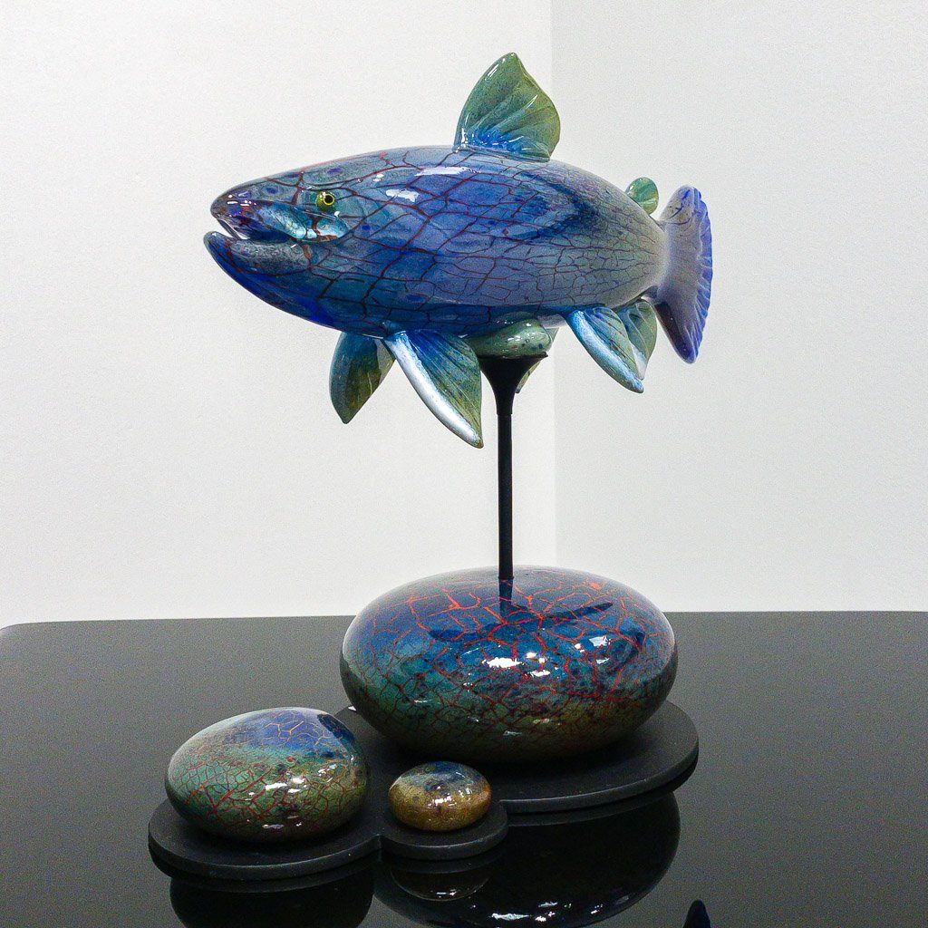 Trout with Stone Base Sculpture | 12.5" x 15" x 7" Blown Glass with Forged Metal Darren Petersen
