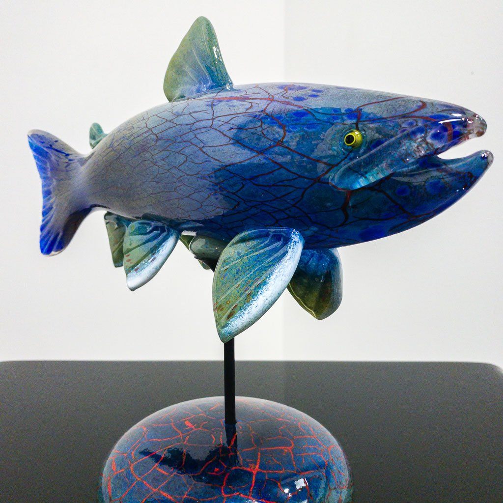 Trout with Stone Base Sculpture | 12.5&quot; x 15&quot; x 7&quot; Blown Glass with Forged Metal Darren Petersen